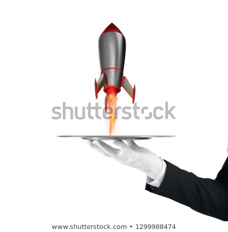 Foto stock: Waiter That Holds A Tray With A Rocket Ready To Start Concept Of Startup