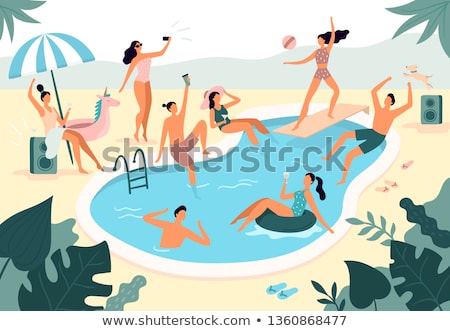 Stock fotó: Summer Pool People In Lifebuoy Vector Illustration