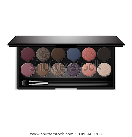 Foto stock: Multicolored Cosmetics Eyeshadows In The Box And Brushes Isolate