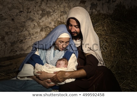 Foto stock: Christmas Nativity Scene With Baby Jesus Mary Joseph In Barn