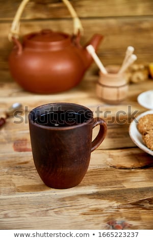 Foto stock: Afternoon Tea Tea Ceremony Teapot Honey Cups Of Tea With Cookies