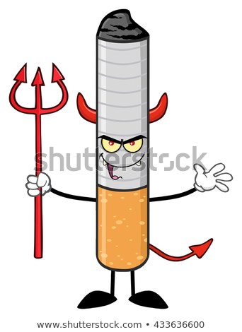 Devil Cigarette Cartoon Mascot Character Welcoming And Holding A Trident Over Flames And Purple Half Stok fotoğraf © HitToon