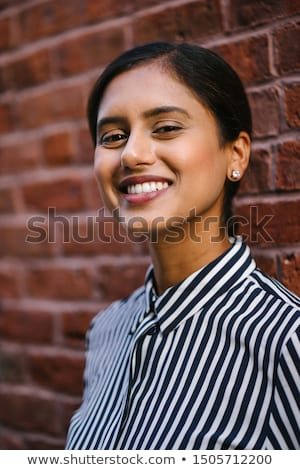 Stock fotó: Young Pretty Taned Girl Close Up Portrait Smiling Confident Brunette Warm Lifestyle People Concept