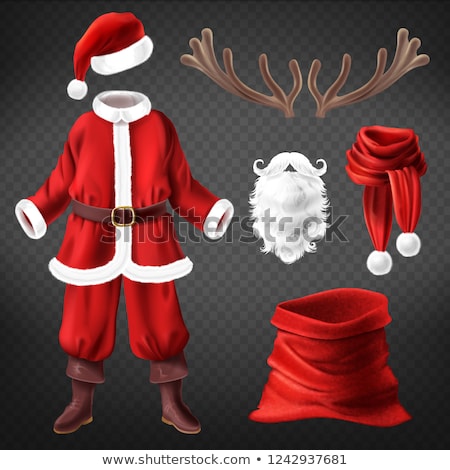 Zdjęcia stock: Set Of Christmas Accessories Santa Claus Fur Coat Hat Boots Mittens Striped Scarf And Bag With