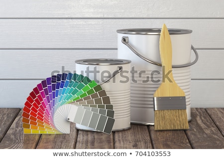 Zdjęcia stock: Red Paint Can With Brush On Wooden Floor