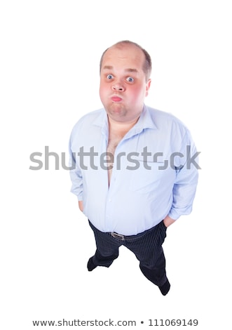ストックフォト: Fat Man In A Blue Shirt Contorts Antics Wide Angle Top View