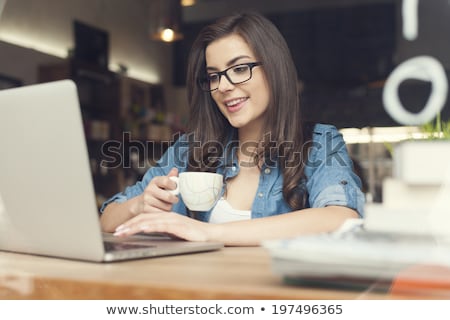 Stock fotó: Beautiful Smiling Hipster Woman Using Laptop At Street Cafe Bus