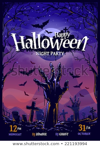 Foto stock: Halloween Zombie Party Flyer Vector Illustration With Hands And Cemetery On Green Sky Background Ho