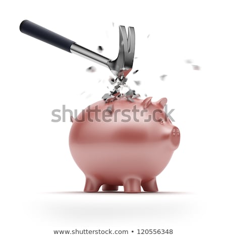 Foto stock: Strong Piggy Bank And Broken Hammer