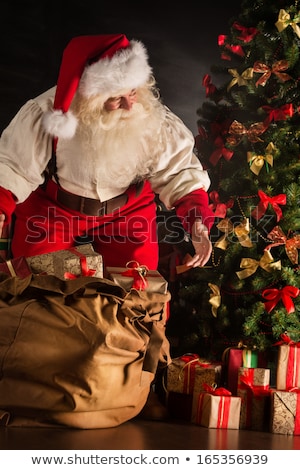 Foto stock: Santa Claus Opening His Sack And Taking Gifts Under Christmas Tr