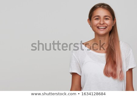 Сток-фото: Photo Of European Blond Woman In Basic Clothing Smiling And Show