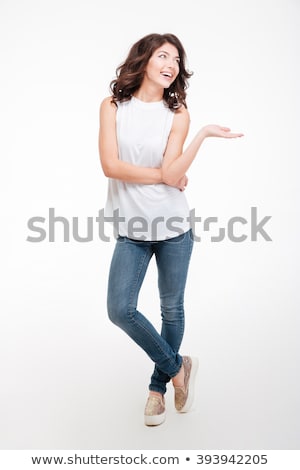 Stok fotoğraf: Happy Thoughtful Woman Holding Copyspace On The Palm