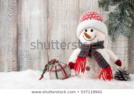 Stok fotoğraf: Christmas Snowman Toy Decor And Fir Tree Branch