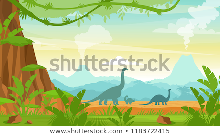 Stockfoto: Prehistoric Landscape Mountains And Volcano With Dinosaurs