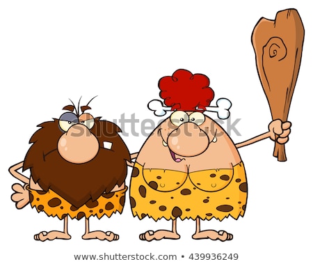 Funny Male Caveman Cartoon Mascot Character Holding A Stone Sign With Text Stone Age Stok fotoğraf © HitToon