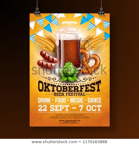 Stockfoto: Oktoberfest Poster Vector Illustration With Fresh Dark Beer On Blue White Flag Background Celebrati