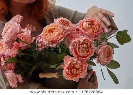 The Red Haired Girl With A Tattoo Is Holding A Pink Rose In Her Mouth Layout For Postcard Stockfoto © artjazz