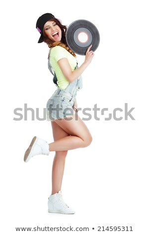 Foto stock: Profile Of Elated Jubilant Woman With Vinyl Record Isolated On White Background