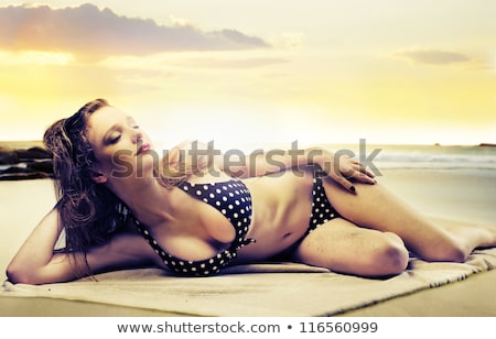 Foto stock: Hot Young Beautiful Girl Posing In Bikini On Beach In Sunset