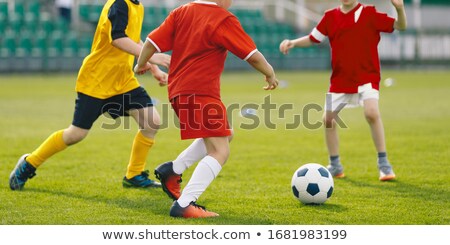 Children Play Soccer Game On Grass Venue Kids Kicking Soccer Stockfoto © matimix