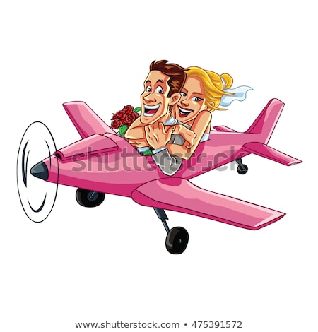 Stock fotó: Just Married Couple Riding A Pink Plane On A Honeymoon Trip