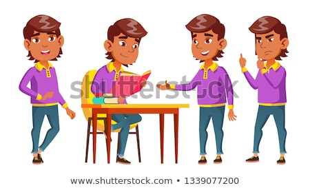 Stockfoto: Arab Muslim Boy Set Vector Primary School Child Lesson Reading Book Cute Child Happiness Enjoy