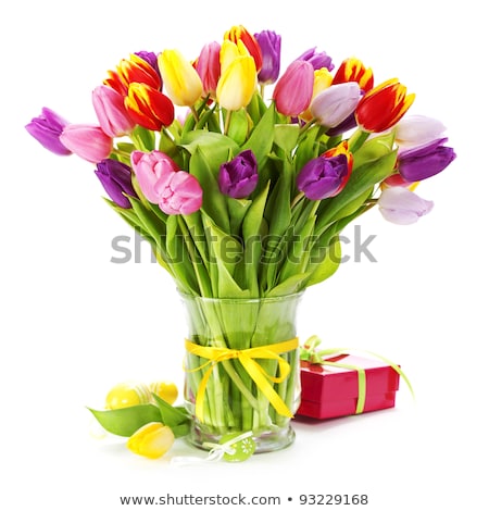 [[stock_photo]]: Easter Eggs With Yellow Tulip Flowers And Gift Box