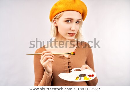 Stockfoto: A Palette With Paint And Brushes Isolated On White Background Vector Cartoon Close Up Illustration