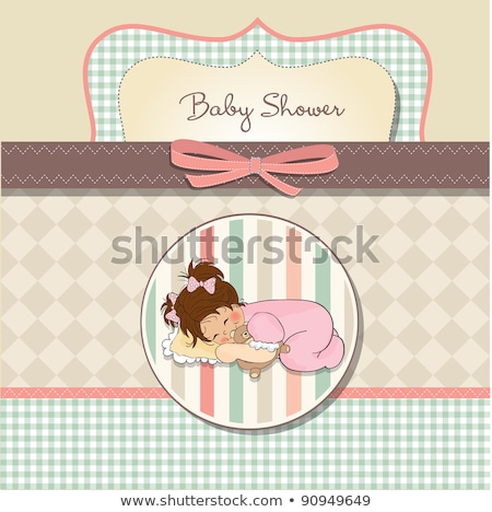 Stok fotoğraf: Little Baby Girl Play With Her Toys Baby Shower Card