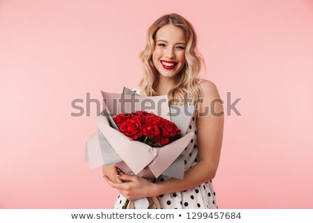 Сток-фото: Beautiful Blond Girl Holding Bouquet Of Red Roses