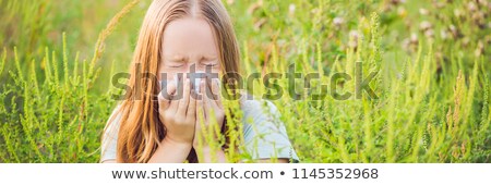 ストックフォト: Young Woman Sneezes Because Of An Allergy To Ragweed Banner Long Format