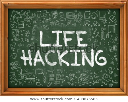 Foto stock: Life Hacking Concept Green Chalkboard With Doodle Icons