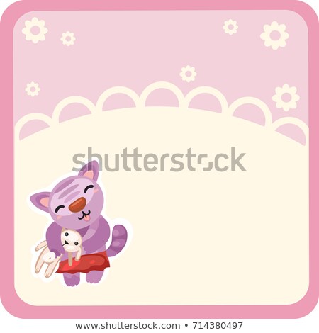 [[stock_photo]]: Openwork Frame With Space For Your Text With Cute Kitty Holds The Toy Rabbit Isolated On White Backg
