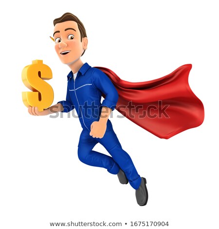 Stockfoto: 3d Mechanic Flying And Holding Gold Dollar Sign