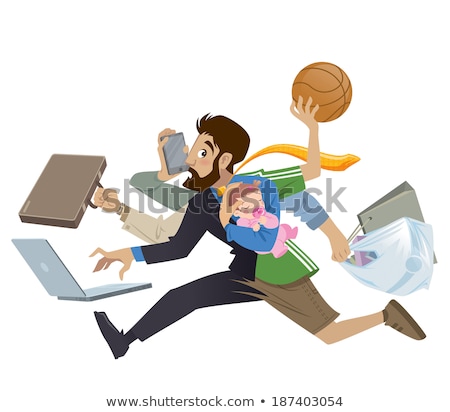 Stock foto: Cartoon Super Busy Man And Father Multitask Doing Many Works