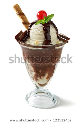 Stockfoto: Ice Cream With Chocolate Sauce And Mint Sticks