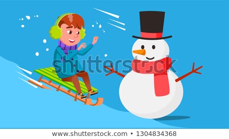Сток-фото: Kid Boy Rolling Downhill On A Sled And Crashes Into Snowman Vector Isolated Illustration