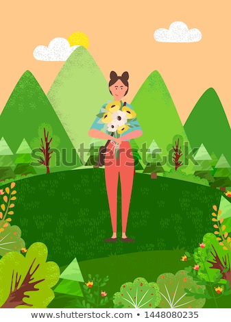 Foto stock: Young Girl Walking In Forest Among Trees Bushes