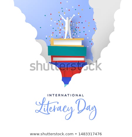 Сток-фото: Literacy Day Card Man In Papercut Book Mountain