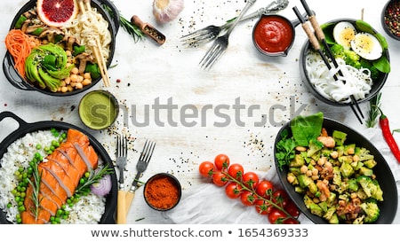 Stok fotoğraf: Fresh Salad With Cheese On White Wooden Table