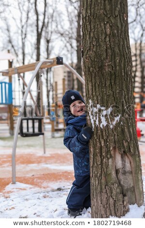 ストックフォト: Boy Hiding Behind Tree With Snowball