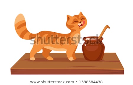 Stock photo: Cat Eats Sour Cream From A Ceramic Bowl On White Background