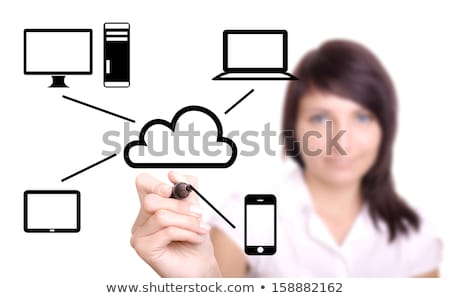 Foto stock: Young Woman Drawing Cloud Computing Diagram