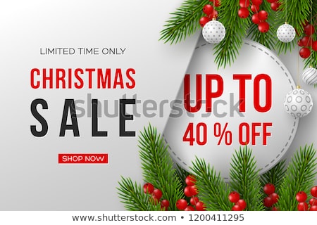 Stock photo: Christmas Sale Banner Realistic Fir Tree Branches With Berries And Red Gift Box Vector Illustratio