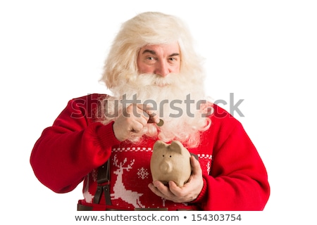 Stock fotó: Authentic Santa Claus Holding Piggy Bank And Putting Golden Coin