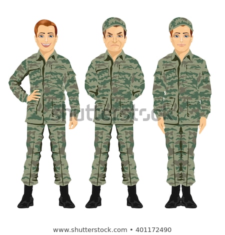 Stockfoto: Soldier Man Set Vector Poses Army Person Camouflage Uniform Shooter Saluting Cartoon Military