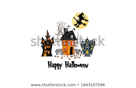 Foto stock: Witch Pumpkin Lantern Tree Broom And Bat On White