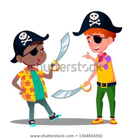 Stockfoto: African And White Kids Play Pirates And Fighting With Sabers In Pirate Caps Vector Isolated Illustr