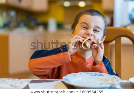 Stock fotó: Kids Eating Pancakes For Breakfast