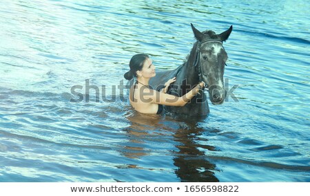 Niña, bañar, caballo, en, un, río Foto stock © Fanfo